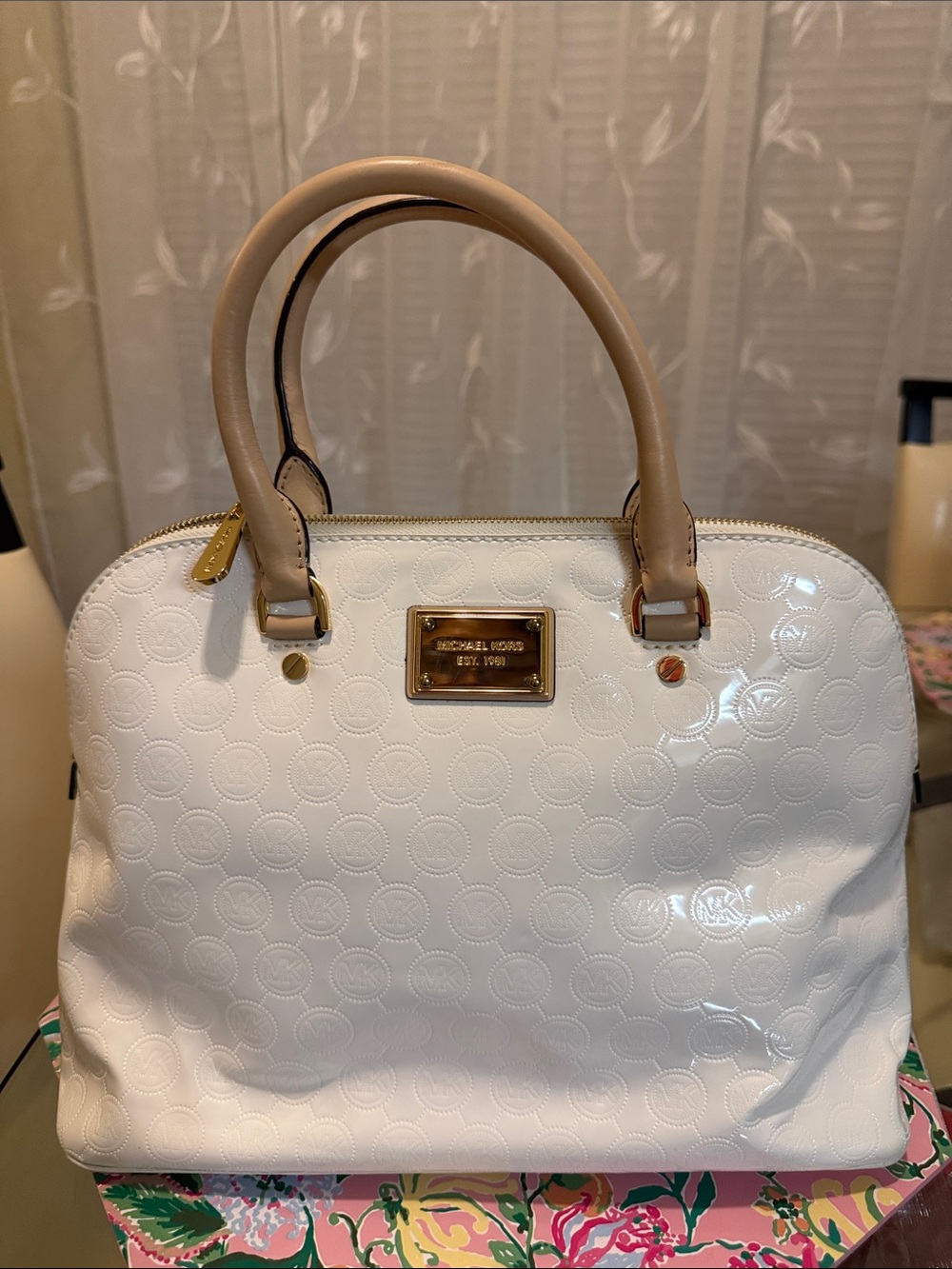Michael Kors White Patent Satchel with Tan Handles and Gold Hardware